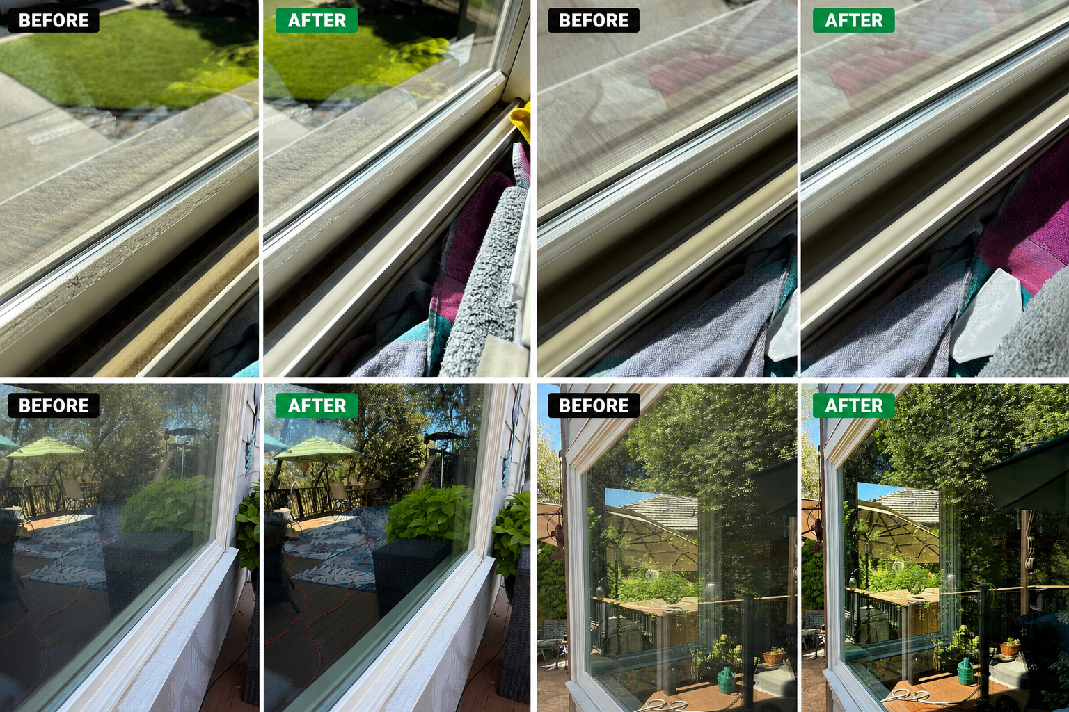 Before and after photos of residential window glass, frames, and tracks cleaned by Summit Exterior Enterprises