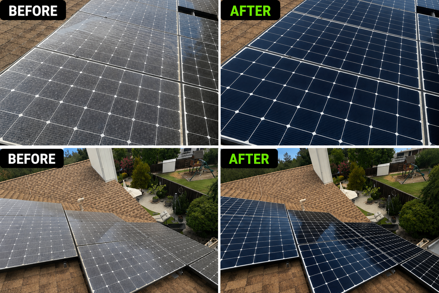 Before and after photos of rooftop solar panels cleaned by Summit Exterior Enterprises